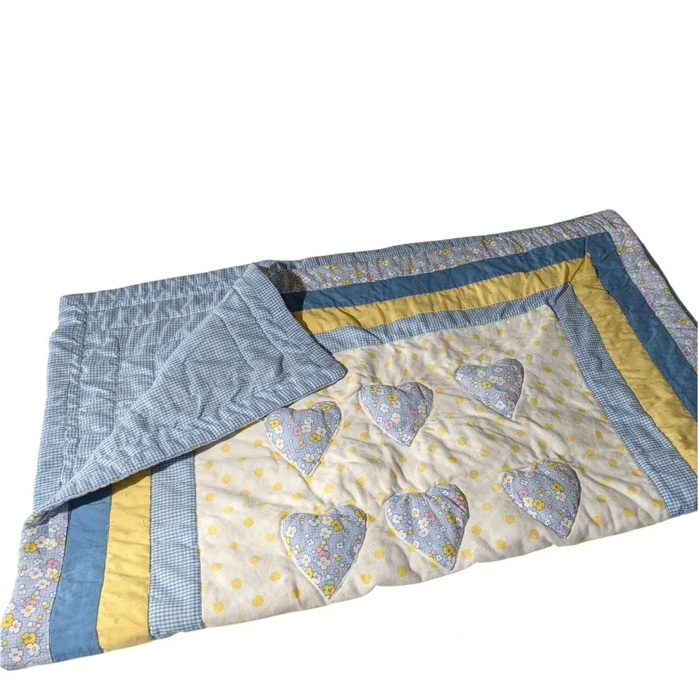 Handmade Baby Quilt Yellow Pink Blue Gingham Backing Raised Stuff Hearts Nursery